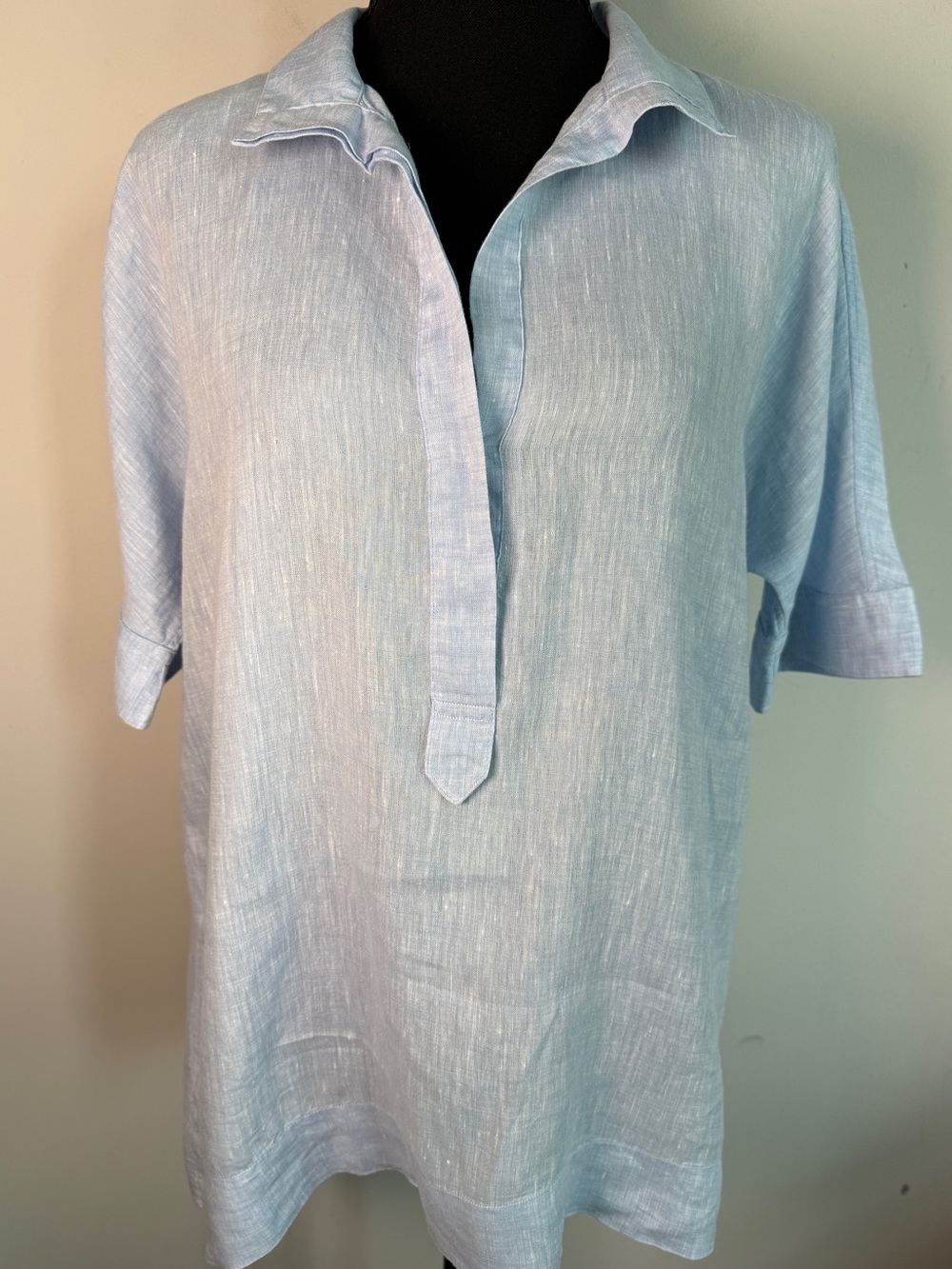 Ann Mashburn Linen Popover Top Chambray Blue Short Sleeve Sz M